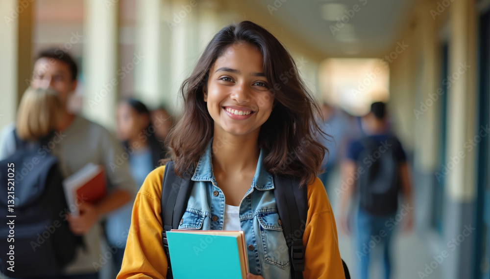 Cheerful Indian college student with backpack holds books in university ...