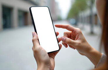 Aufkleber - Young woman holds mobile phone with blank white screen outdoor. Asian attractive female touch screen, present web app, point finger at device, mockup template. Space for message.