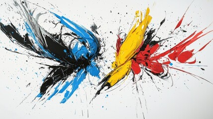 Wall Mural - dynamic black and white artwork with bold brushstrokes of blue and yellow splashes on a white backgr