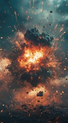 Wall Mural - a massive explosion seen from a distance, with smoke and flames filling the air
