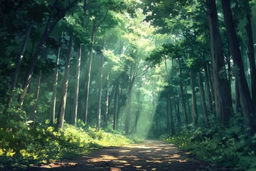 Poster - Serene forest path leading into the heart of nature with sunlight filtering through the leaves