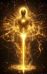 Wall Mural - a celestial warrior in golden armor, wielding a sword made of pure energy
