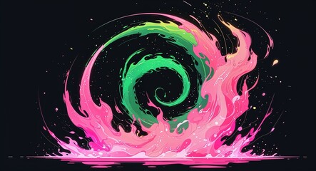 Wall Mural - Abstract pink green spiral flame burning sparks anime on plain dark black background illustration