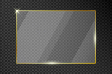 Poster - Glass plate in golden frame on transparent background. Gold rectangle border with acrylic or plexiglass plates with gleams and light reflections. Vector.