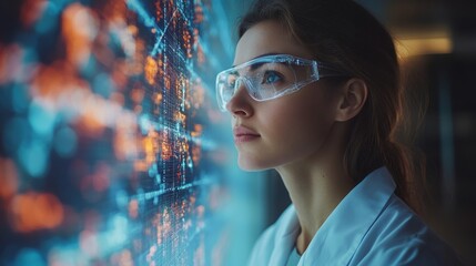 Aufkleber - A focused researcher studies a digital display illustrating quantum concepts like qubits, superposition, and entanglement in a high-tech lab environment.