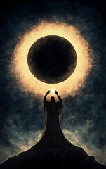 Wall Mural - A dark sorcerer conjuring an eclipse, casting shadows over a doomed kingdom