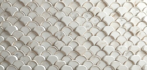 Fototapete - Close-up on white marble mosaic tile with arched fan-shaped elements. Abstract texture, material, wallpaper for interior design. Kitchen bathroom wall, floor decor. Elegant surface tiling seamless