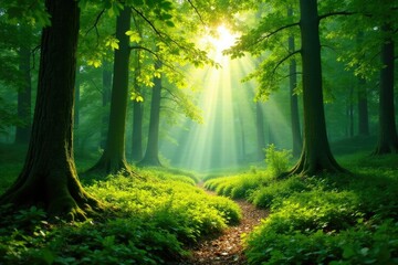 Wall Mural - Forest clearing with sunlight filtering through trees, greenery, clearing