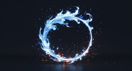 Wall Mural - abstract silver cyan spiral flame burning sparks anime on plain dark black background illustration
