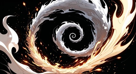 Wall Mural - abstract white brown spiral flame burning sparks anime on plain dark black background illustration