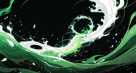 Wall Mural - Abstract white green spiral flame burning sparks anime on plain dark black background illustration