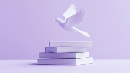 Wall Mural - white bird soaring above stack of books in minimalist 3d design on soft purple background