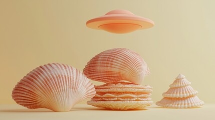 Wall Mural - 3d icon of a ufo flying over a stack of seashells with a soft yellow background