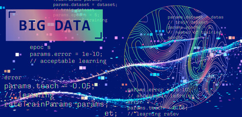 Poster - Complex digital illustration depicting machine learning concepts with programming code and abstract holographic shapes. The background is filled with vibrant colors and pixelated patterns.