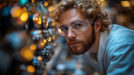 Aufkleber - A researcher focuses on quantum mechanics, examining devices related to qubits and entanglement in a high-tech lab, contributing to breakthrough experiments in physics.