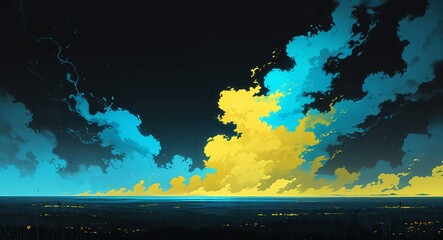 Wall Mural - abstract yellow cyan fog mist anime on plain dark black background illustration