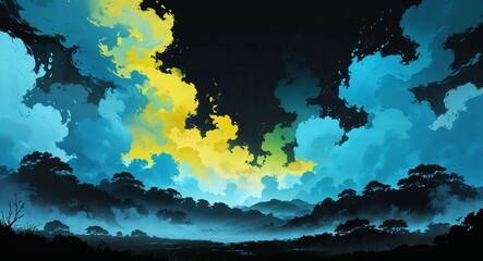 Wall Mural - abstract yellow cyan fog mist anime on plain dark black background illustration