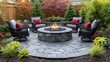 © HERMAWAN - Backyard stone fire pit with seating, autumn foliage