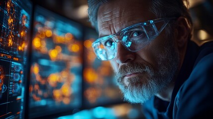 Aufkleber - A scientist focuses intently on computer screens displaying quantum simulations, highlighting concepts like qubits, entanglement, and decoherence in a modern lab setting.