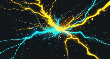 Wall Mural - Abstract yellow cyan lightning sparks anime on plain dark black background illustration