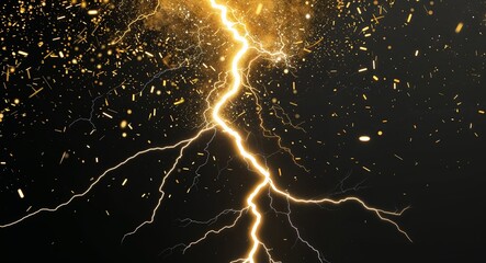 Wall Mural - Abstract yellow gold lightning sparks anime on plain dark black background illustration