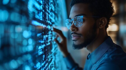 Aufkleber - A focused individual examines a digital display featuring intricate quantum concepts like qubits, superposition, and entanglement.