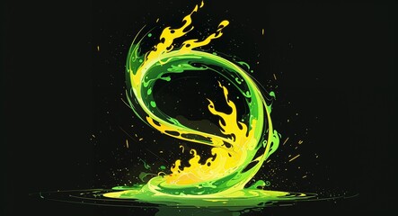 Wall Mural - abstract yellow green spiral flame burning sparks anime on plain dark black background illustration