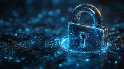 Fototapete - A glowing digital lock sits at the center of a high-tech background, representing concepts of quantum encryption, security, and the ongoing battle against eavesdropping in communication.