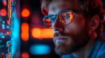 Leinwandbilder - A person studies quantum computing concepts such as qubits, superposition, and entanglement while examining colorful visual data. The environment is futuristic and technology-driven.