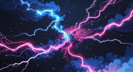 Wall Mural - Abstract blue pink lightning sparks anime on plain dark black background illustration