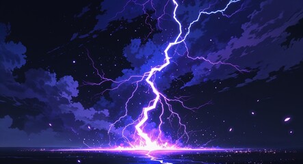 Wall Mural - Abstract blue purple lightning sparks anime on plain dark black background illustration