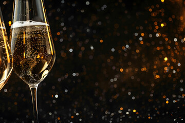 Poster - Close-up of champagne bubbles with a festive bokeh background