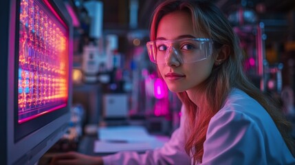 Aufkleber - A scientist analyzes complex quantum models on a computer screen, exploring concepts like qubits, superposition, and entanglement in a sophisticated lab setting.