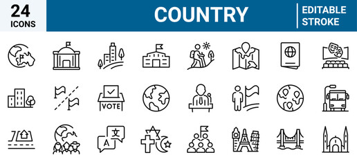 Country web line icon set. Containing flag, nation, citizen, land, world, government, landmark, borders and more. Vector icons