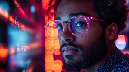 Leinwandbilder - A person with curly hair and pink glasses contemplates quantum computing concepts such as qubits, superposition, and entanglement while surrounded by colorful data visualizations.