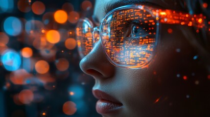 Poster - A researcher contemplates the intersection of quantum computing and neural networks. The reflections in her glasses display intricate data patterns and glowing lights, representing complex concepts.