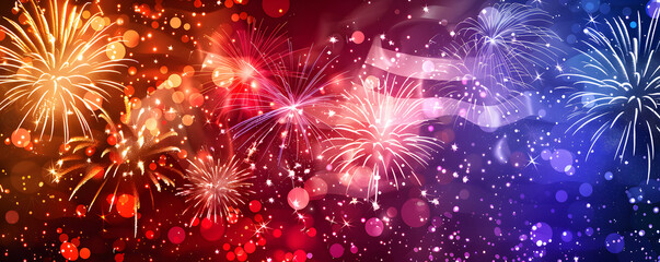 Fototapete - Vibrant fireworks display with bokeh lights