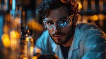 Aufkleber - A researcher in a laboratory investigates the principles of quantum mechanics, focusing on qubits, superposition, and entanglement while surrounded by glassware and advanced equipment.