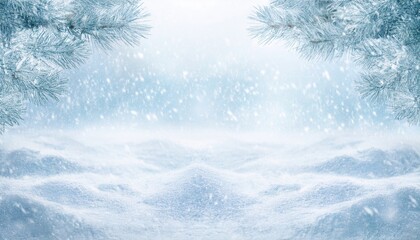 Poster - serene winter landscape with soft snowdrifts, falling snowflakes, and pine branches in a frosty atmosphere, perfect for holiday background and seasonal designs

