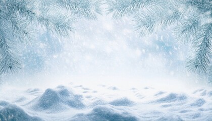 Poster - serene winter landscape with soft snowdrifts, falling snowflakes, and pine branches in a frosty atmosphere, perfect for holiday background and seasonal designs

