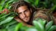 © JO BLA CO - A young man lounges peacefully on foliage, surrounded by vibrant green leaves and colorful flowers. His relaxed expression embodies tranquility amidst nature's beauty