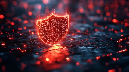 Fototapete - A digital shield glows in red against a dark background, symbolizing advanced quantum encryption methods. It portrays key concepts like qubits, superposition, and entanglement, emphasizing security.