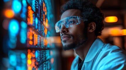 Poster - A researcher studies quantum mechanics principles, specifically qubits and superposition, while interacting with advanced simulation data on a digital display.