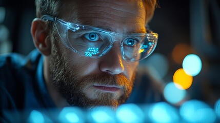 Leinwandbilder - A scientist wearing protective glasses examines quantum technology in a cutting-edge laboratory. The focus is on qubits and their potential in modern physics experiments.