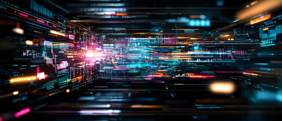 Abstract Futuristic Data Stream in Vibrant Colors With Fast Motion Blur Effect Against a Dark Background