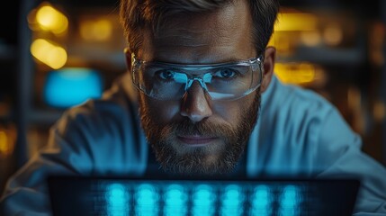 Leinwandbilder - A scientist engages in a quantum physics experiment, focusing on qubits and their properties of superposition and entanglement. The laboratory is equipped with advanced tools and displays.