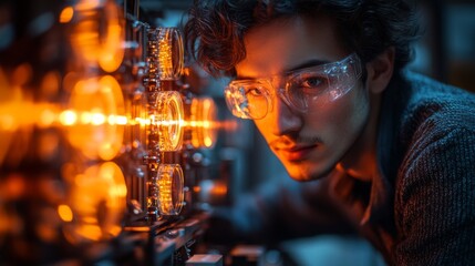Aufkleber - A researcher examines complex equipment in a quantum lab, focusing on qubit behavior, superposition, and entanglement principles, showcasing advanced physics experiments.