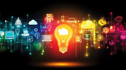 Aufkleber - An innovative light bulb glowing brightly, surrounded by interconnected icons of technology, digital creativity, and cloud computing, against a vibrant, futuristic background