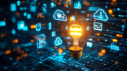 Aufkleber - An innovative light bulb glowing brightly, surrounded by interconnected icons of technology, digital creativity, and cloud computing, against a vibrant, futuristic background