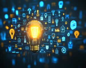 Poster - A bright light bulb symbolizing innovation, surrounded by abstract icons of digital tools, gears, and futuristic designs, glowing amidst a dark, techthemed background